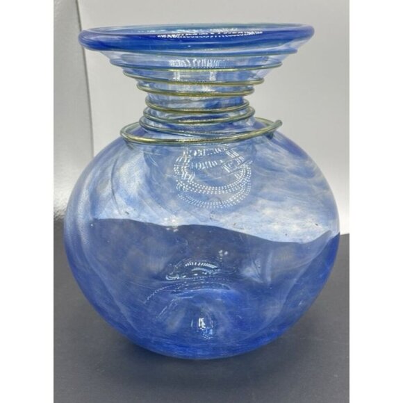 Blenko Spiral Swirl Vase Marbled Blue/Clear and Gold Swirl on neck - Picture 1 of 7